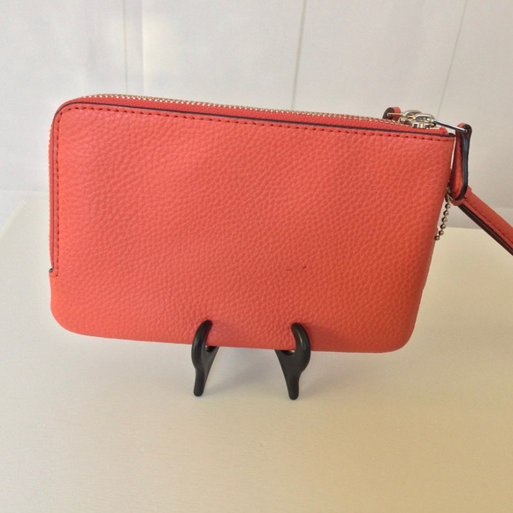 Coach Pebbled Leather Double Zip Around Wallet Wristlet Bright Poppy - Picture 6 of 6